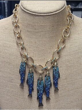BETSEY JOHNSON Gold Chain Necklace with Blue Crystal Fish Charms